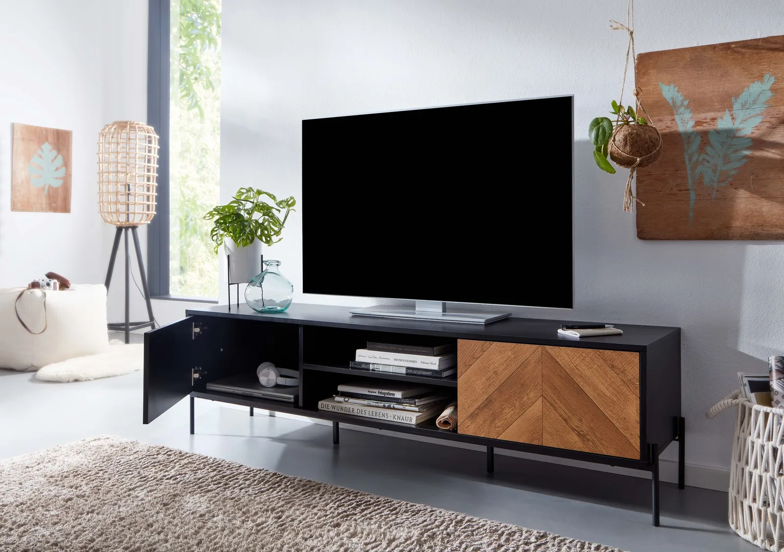 FineBuy Lowboard aus Holz, Schwarz – 163 × 45 × 40 cm