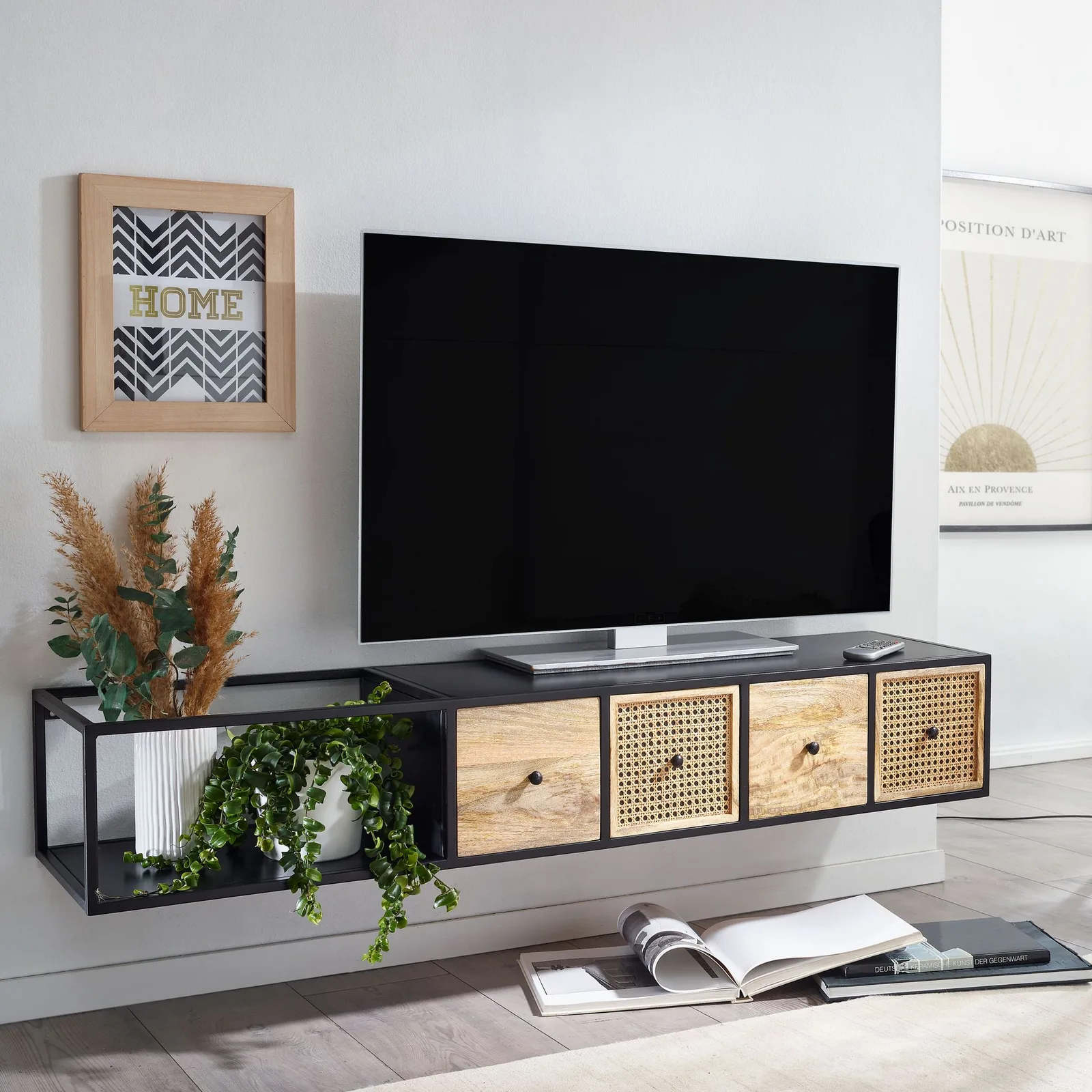 FineBuy Lowboard Hängend Mango Massivholz / Metall, Schwarz – 150 × 25 × 35 cm