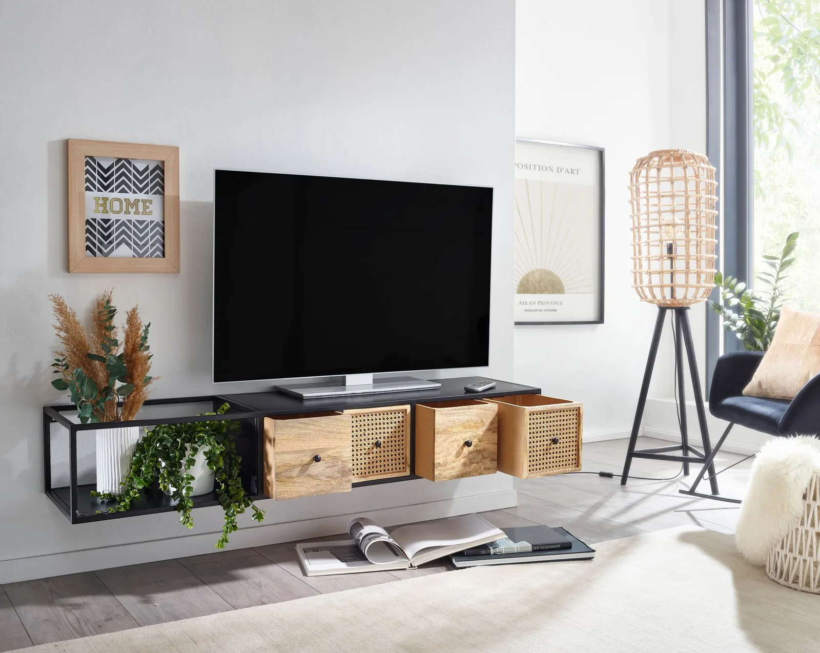 FineBuy Lowboard Hängend Mango Massivholz / Metall, Schwarz – 150 × 25 × 35 cm