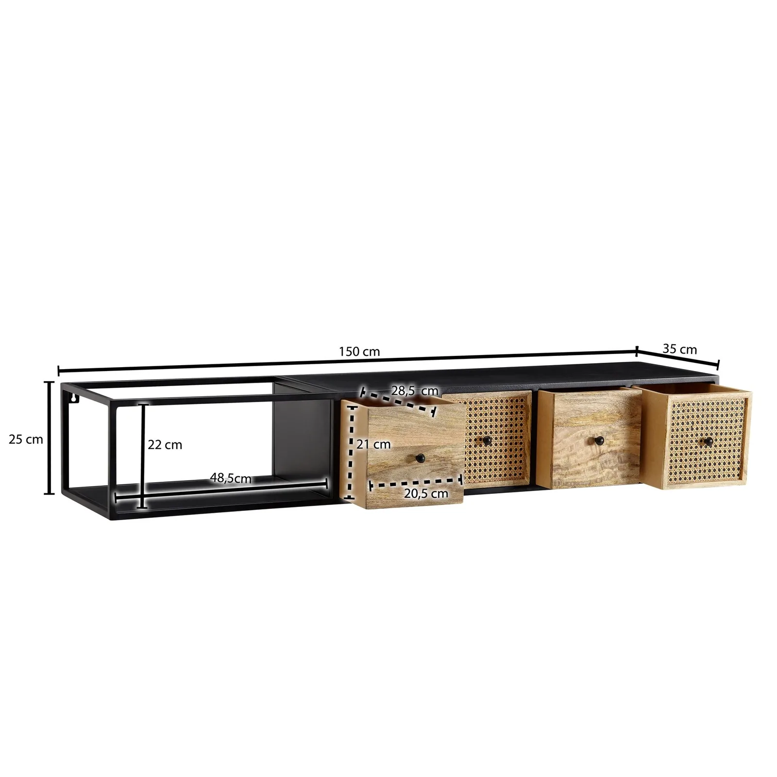 FineBuy Lowboard Hängend Mango Massivholz / Metall, Schwarz – 150 × 25 × 35 cm