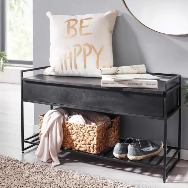 FineBuy Sitzbank mit Stauraum aus Holz, Schwarz – 90 cm