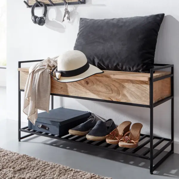 FineBuy Sitzbank mit Stauraum aus Holz, Braun – 90 cm
