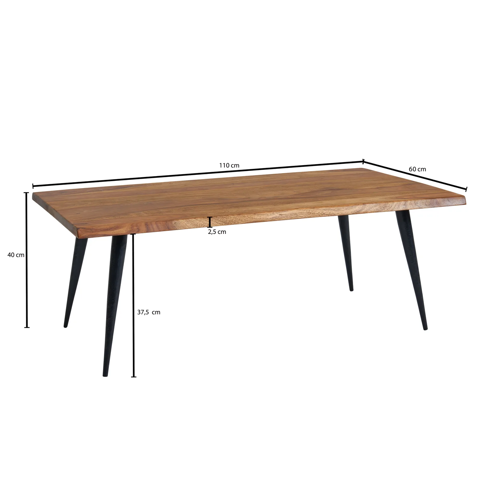 FineBuy Couchtisch Sheesham Massivholz 110 cm rechtckig · Wohnzimmertisch mit natürlicher Baumkante & Metallbeinen · Handgefertigt im Retro Design