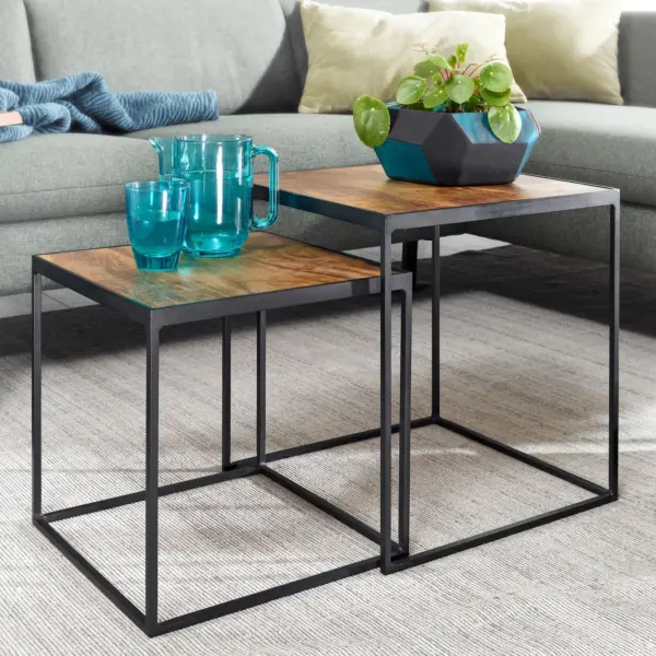 FineBuy Wohnzimmertisch 2er Set Mango Massivholz / Metall Beistelltisch Eckig, Braun FineBuy Wohnzimmertisch 2er Set Mango Massivholz / Metall Beistelltisch Eckig, Braun
