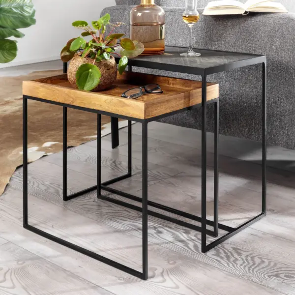FineBuy Wohnzimmertisch 2er Set Mango Massivholz / Stein-Optik Beistelltisch Eckig, Braun FineBuy Wohnzimmertisch 2er Set Mango Massivholz / Stein-Optik Beistelltisch Eckig, Braun
