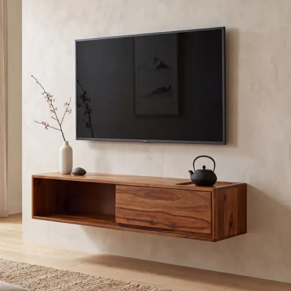 FineBuy Lowboard Hängend Sheesham Massivholz, Braun – 108 × 25 × 34 cm