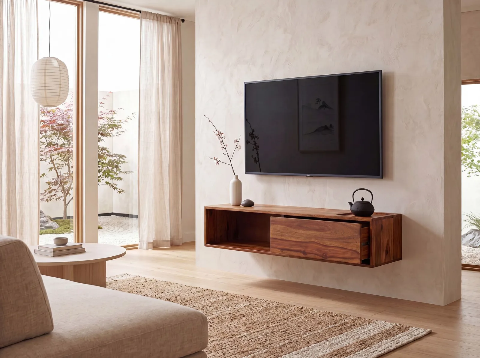 FineBuy Lowboard Hängend Sheesham Massivholz, Braun – 108 × 25 × 34 cm