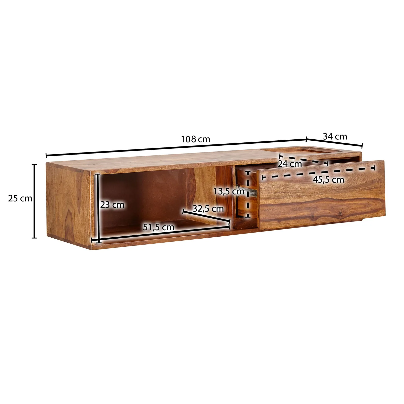 FineBuy Lowboard Hängend Sheesham Massivholz, Braun – 108 × 25 × 34 cm