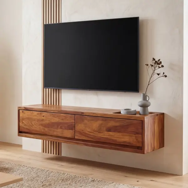FineBuy Lowboard Hängend Sheesham Massivholz, Braun – 108 × 25 × 34 cm