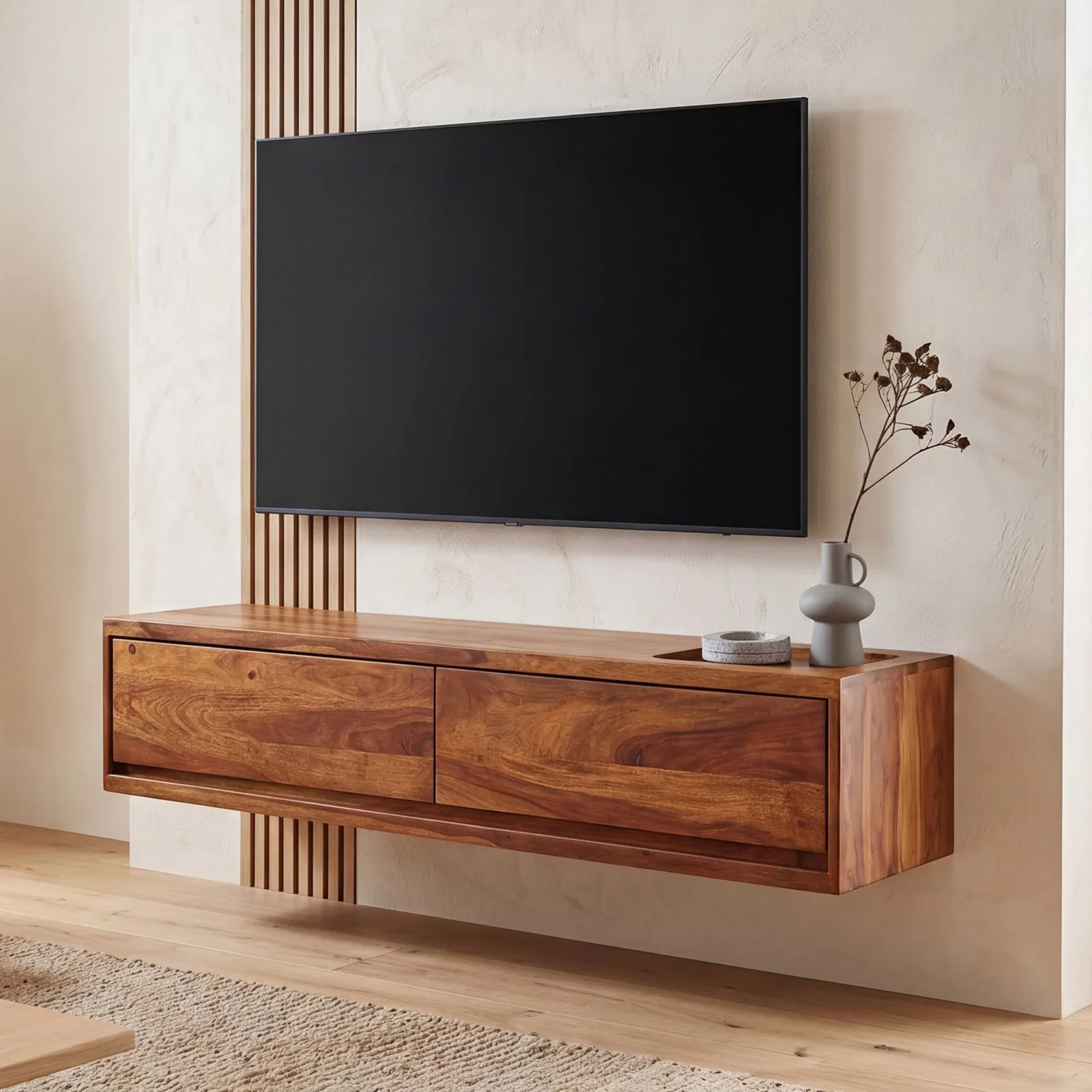 FineBuy Lowboard Hängend Sheesham Massivholz, Braun – 108 × 25 × 34 cm