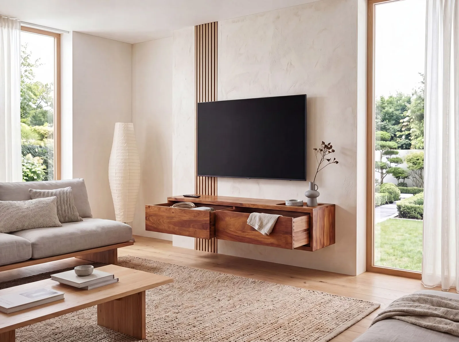 FineBuy Lowboard Hängend Sheesham Massivholz, Braun – 108 × 25 × 34 cm