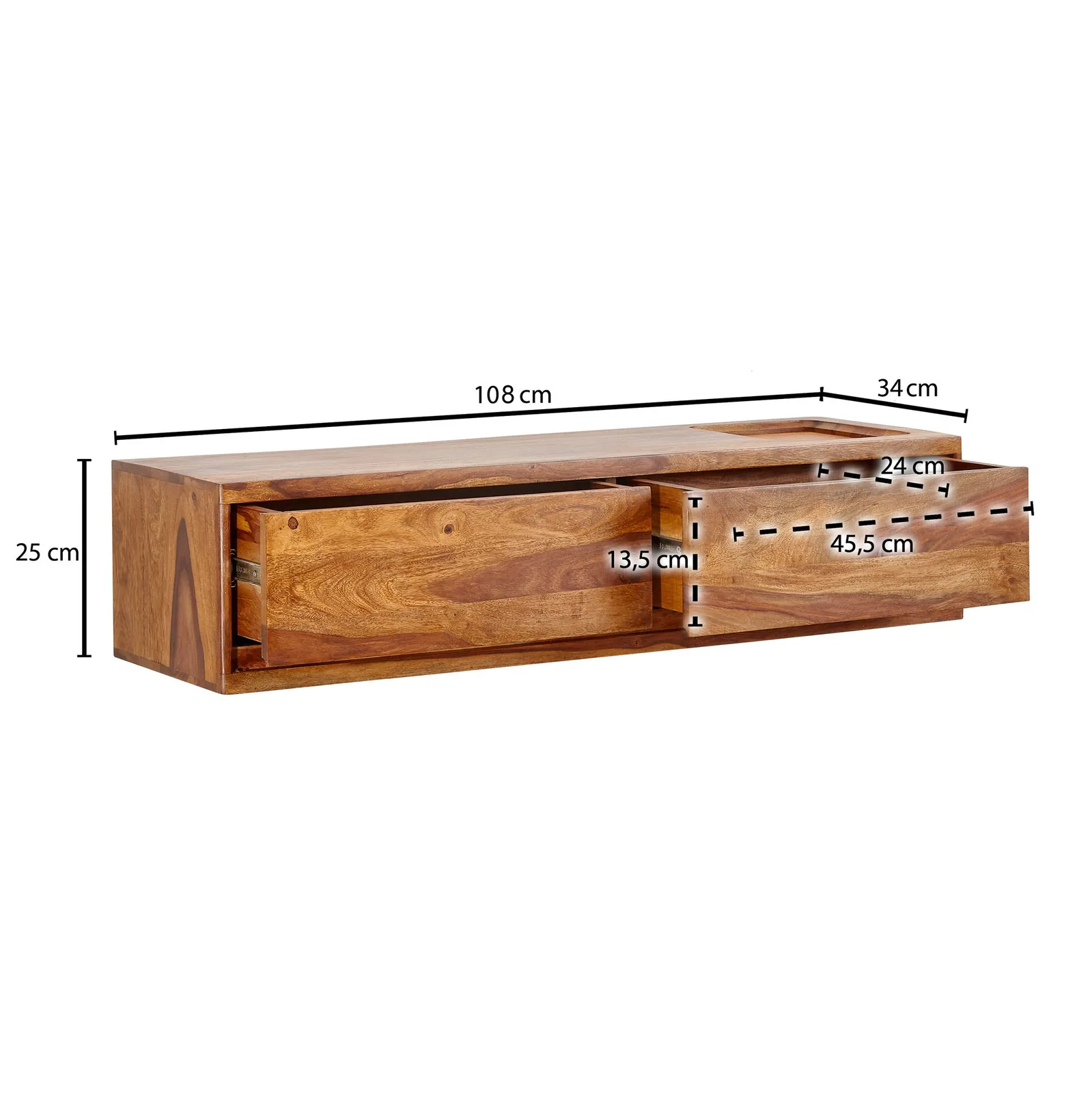 FineBuy Lowboard Hängend Sheesham Massivholz, Braun – 108 × 25 × 34 cm