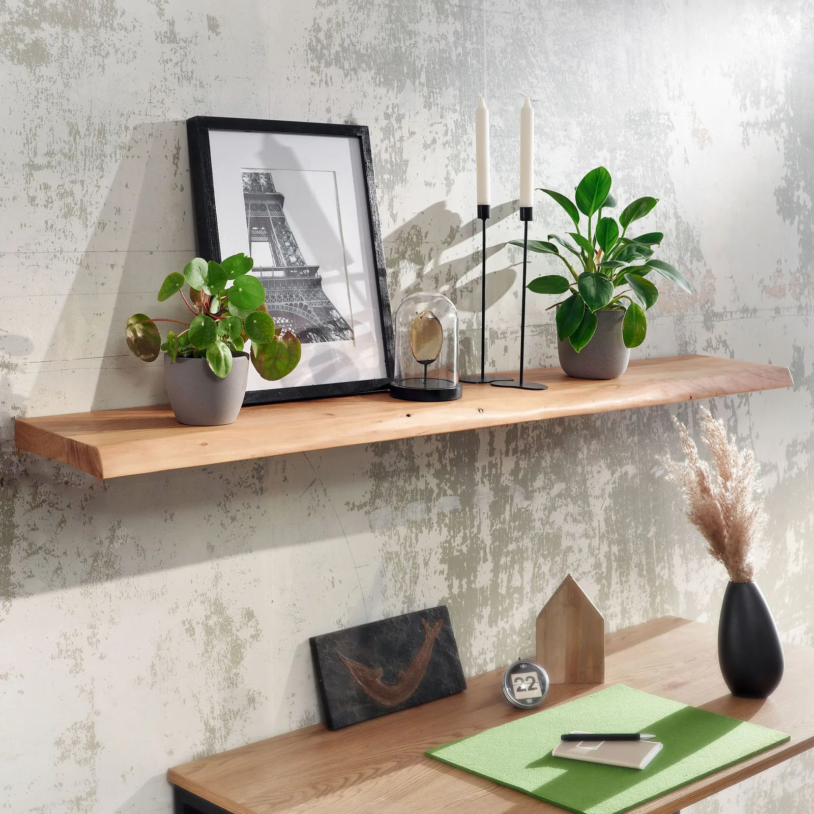 FineBuy Wandregal mit Baumkante Akazie Massivholz, Braun