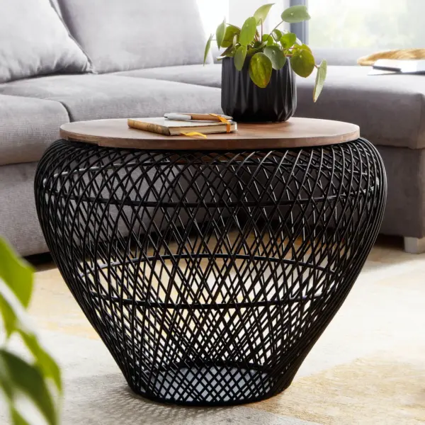 FineBuy Couchtisch Mango Massivholz Metall, Schwarz – 60 × 60 × 45 cm