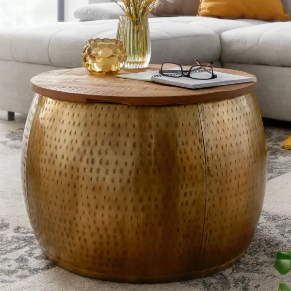 FineBuy Couchtisch Mango Massivholz Metall, Gold – 60 × 60 × 40 cm