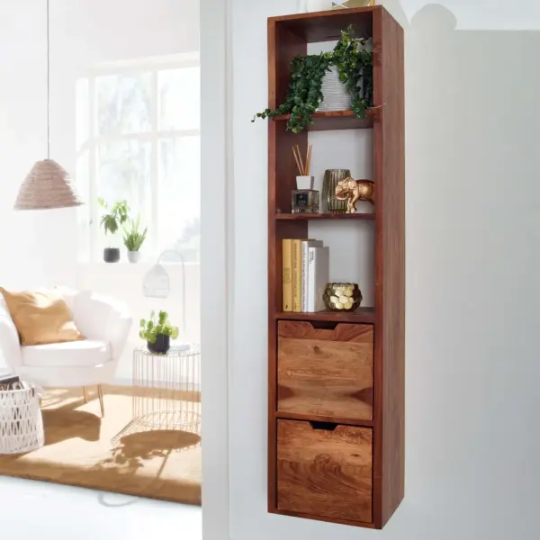 FineBuy Wandregal mit Schubladen, Braun – 35 × 150 × 30 cm