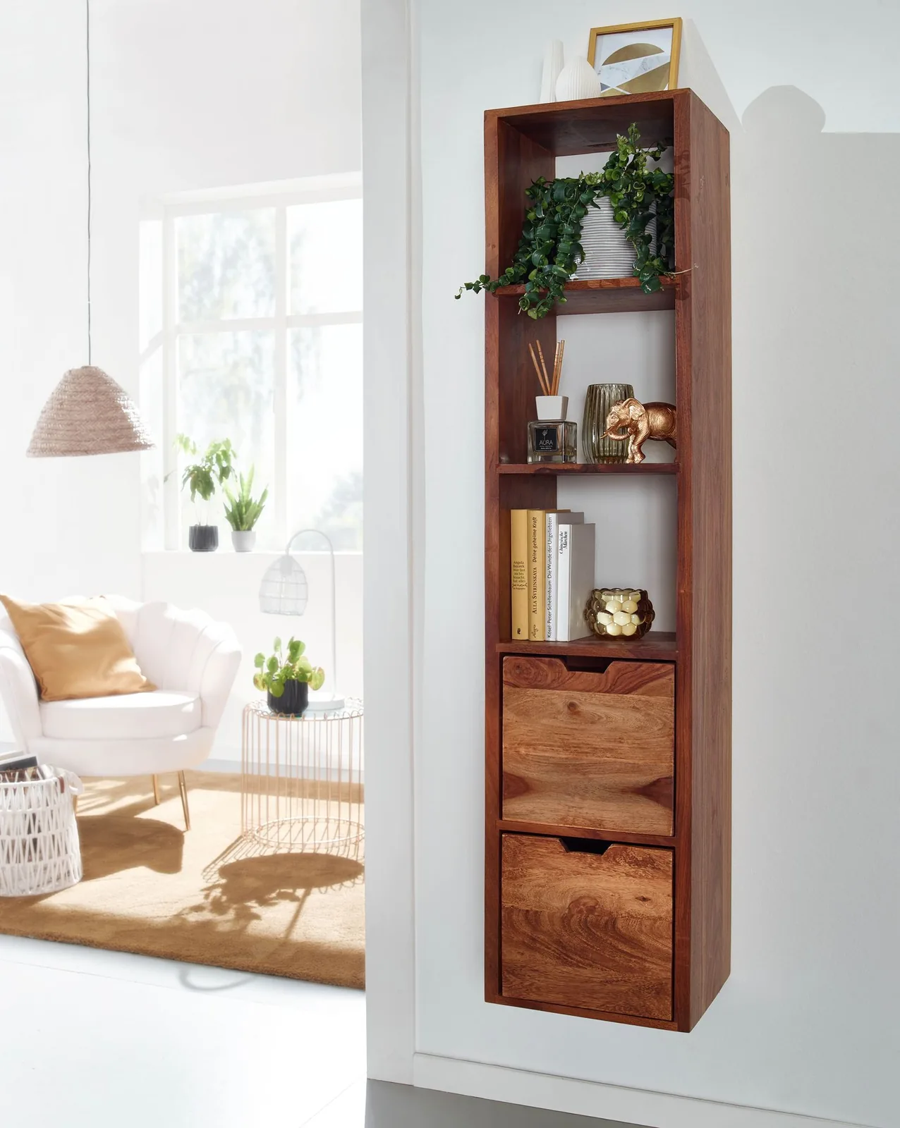 FineBuy Wandregal mit Schubladen, Braun – 35 × 150 × 30 cm