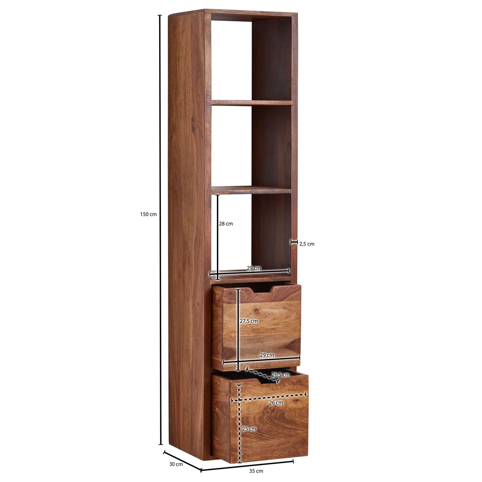FineBuy Wandregal mit Schubladen, Braun – 35 × 150 × 30 cm