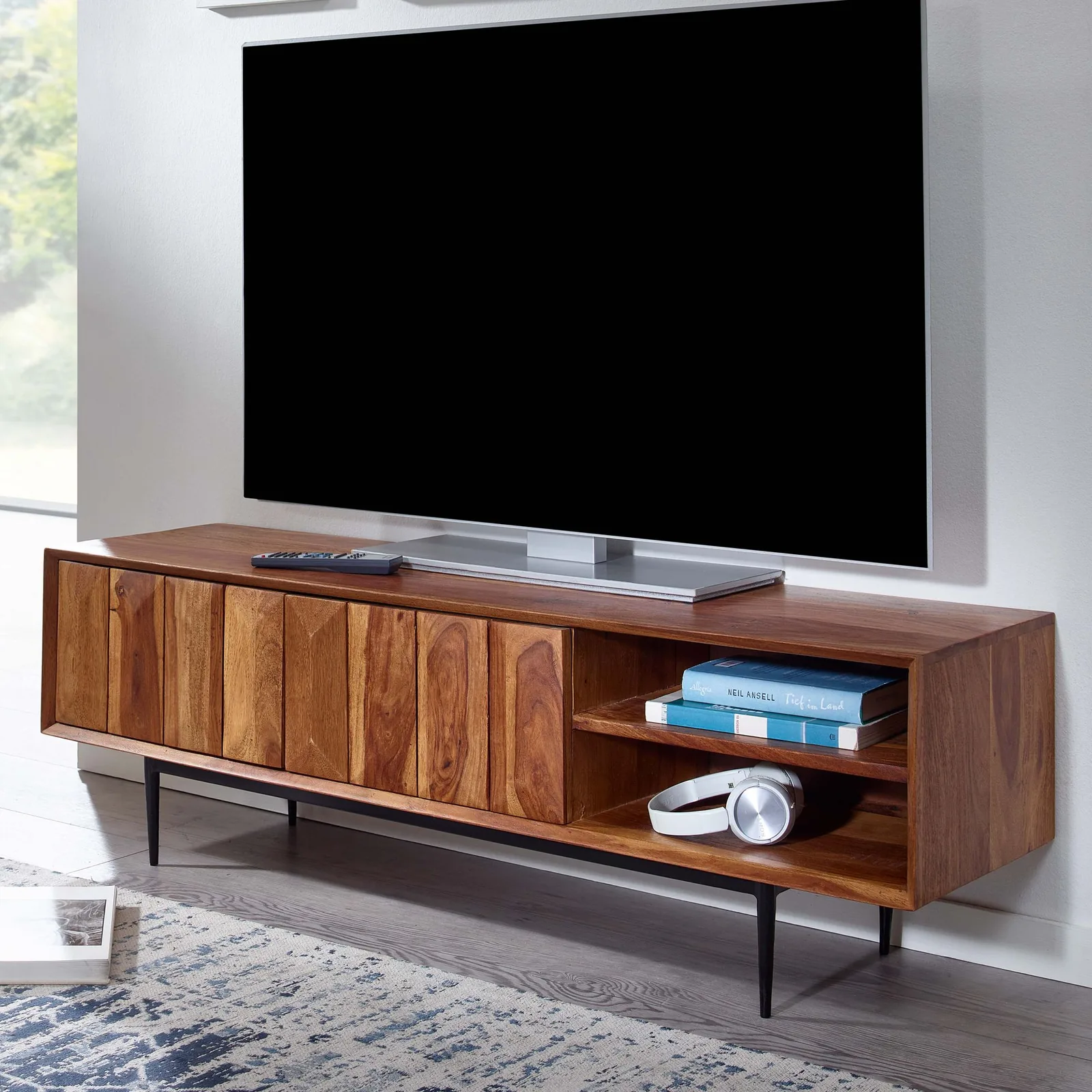 Finebuy Lowboard Sheesham Massivholz, Braun – 123 × 42 × 35 cm