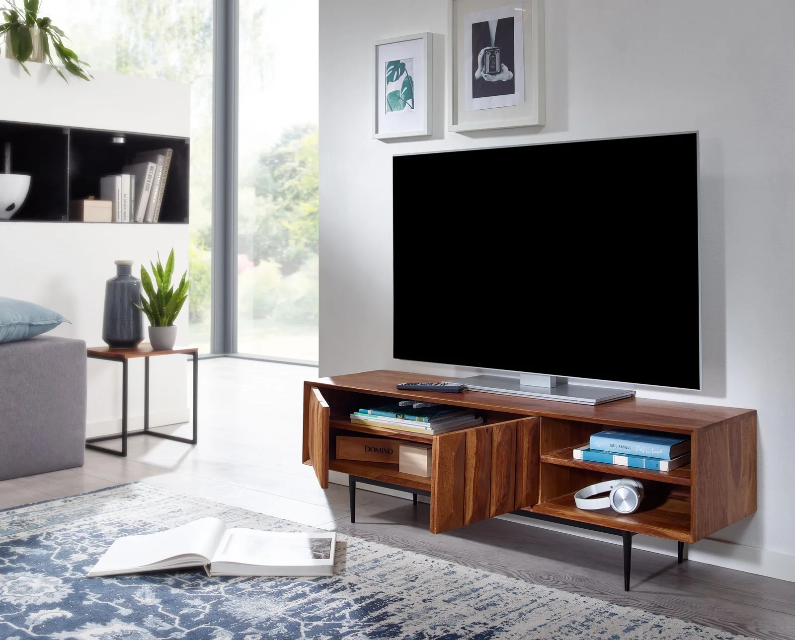 Finebuy Lowboard Sheesham Massivholz, Braun – 123 × 42 × 35 cm