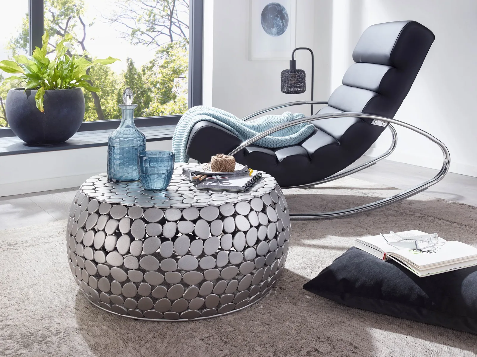 FineBuy Design Couchtisch rund 66 cm Metall silber - Handgefertigter Aluminium Wohnzimmertisch - Moderner Stone Sofatisch Wohnzimmer Beistelltisch