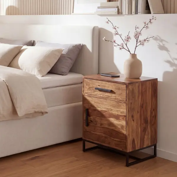FineBuy Nachttisch Sheesham Massivholz mit Metallgestell, Braun – 45 × 35 × 65 cm