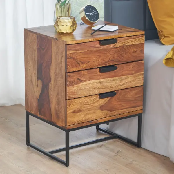 FineBuy Nachttisch Sheesham Massivholz mit Metallgestell und 3 Schubladen, Braun – 50 × 40 × 65 cm