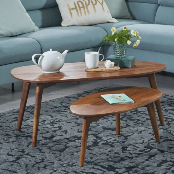 FineBuy Couchtisch Set 2er nierenförmig Mango Massivholz, Braun