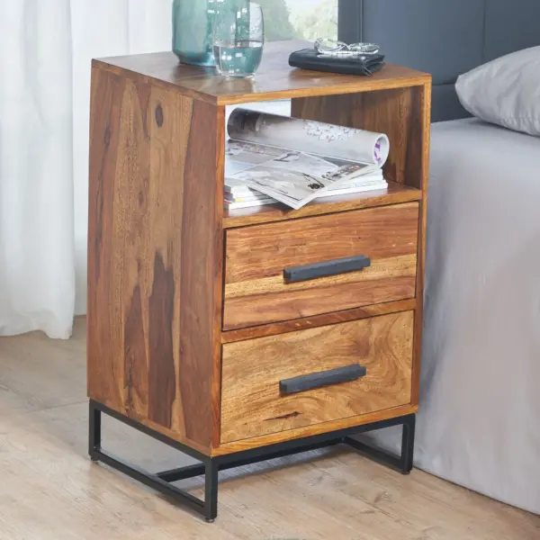 FineBuy Nachttisch Sheesham Massivholz mit Metallgestell 2 Schubladen & Ablage, Braun – 40 × 35 × 66 cm