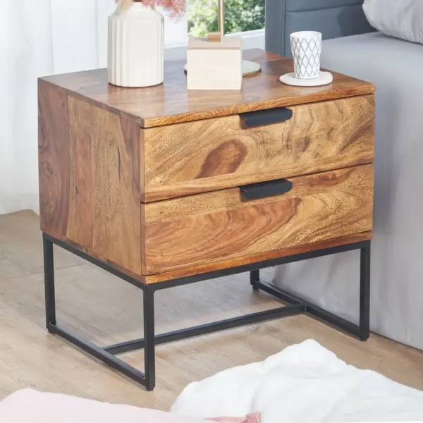 FineBuy Nachttisch Sheesham Massivholz mit Metallgestell & 2 Schubladen, Braun – 50 × 40 × 51 cm