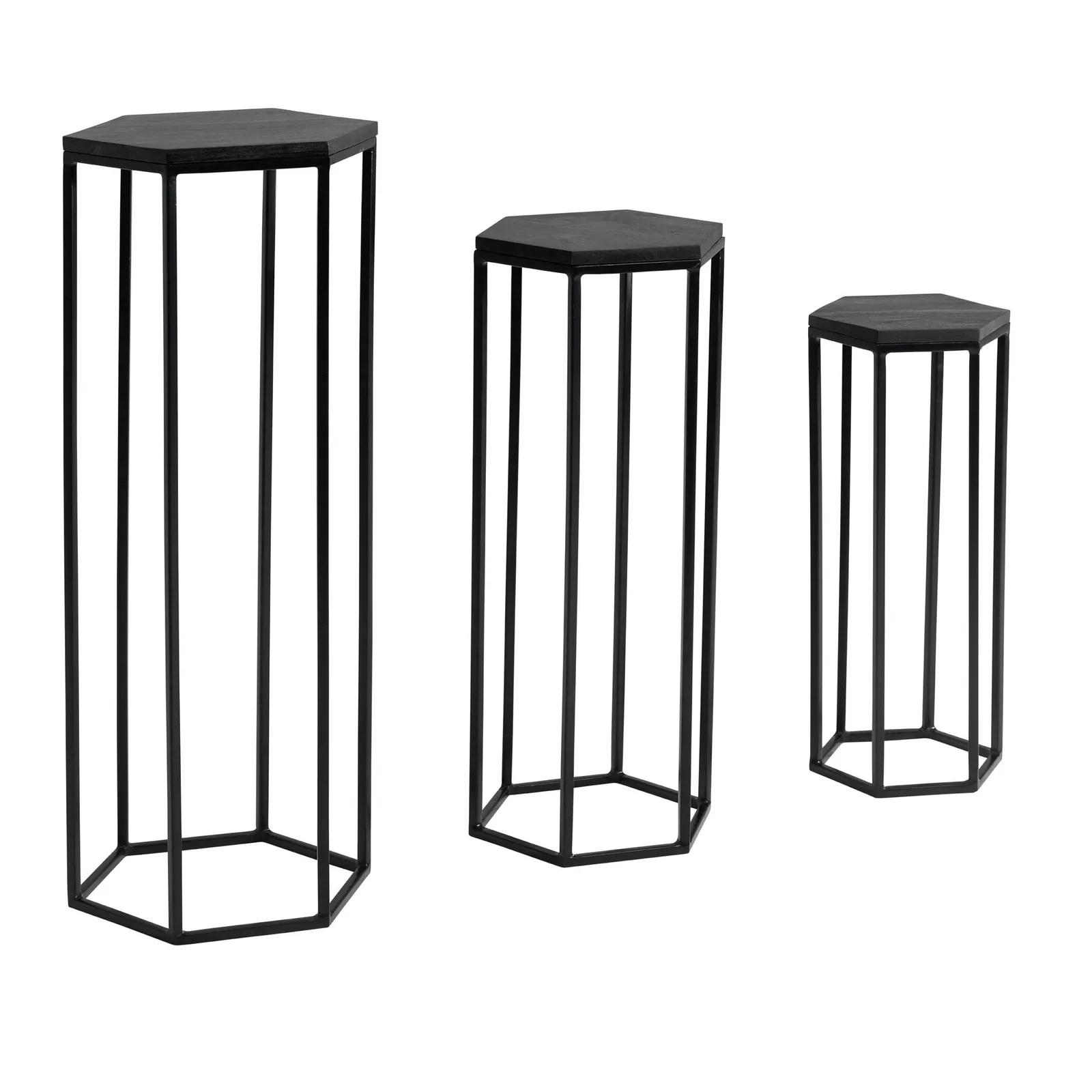 FineBuy Beistelltisch 3er Set Massivholz / Metall Satztisch Sechseckig, Schwarz