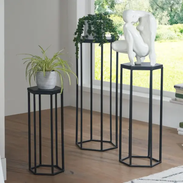 FineBuy Beistelltisch 3er Set Massivholz / Metall Satztisch Sechseckig, Schwarz