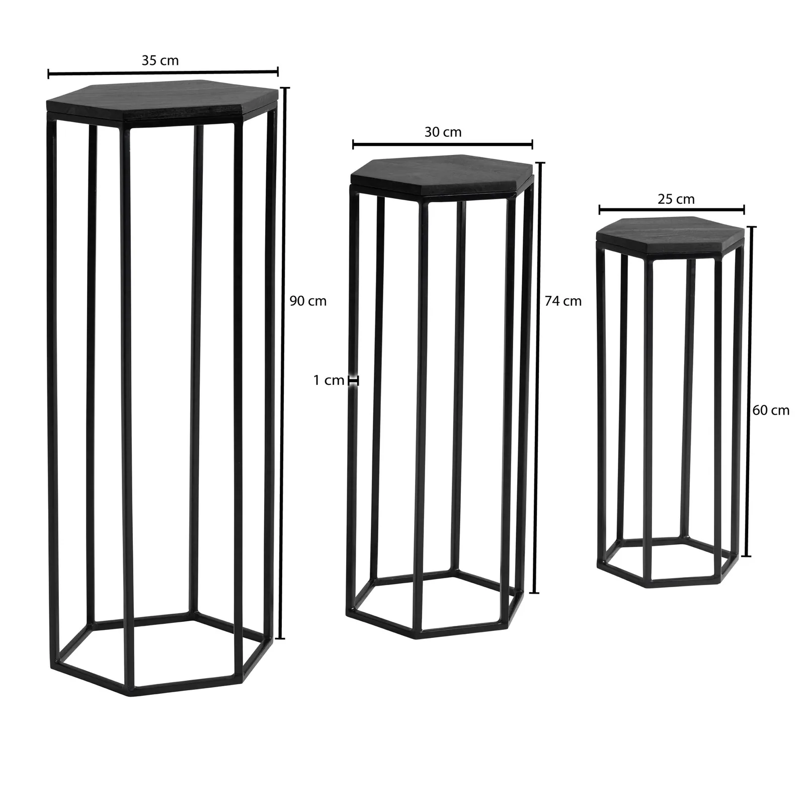 FineBuy Beistelltisch 3er Set Massivholz / Metall Satztisch Sechseckig, Schwarz