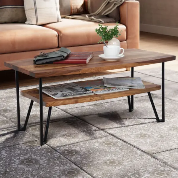 FineBuy Couchtisch 90x50x40 cm Sheesham Massivholz / Metall Sofatisch Rechteckig, Braun