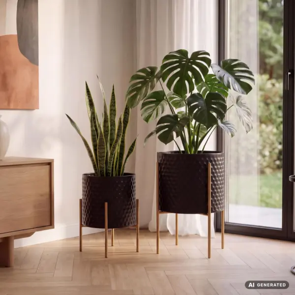 FineBuy Blumentopf 2er Set Metall Pflanzkübel Schwarz / Gold mit Füßen, Design Pflanzenkübel Rund Indoor, Blumenkübel Pflanzgefäß mit Waben-Muster in 3D
