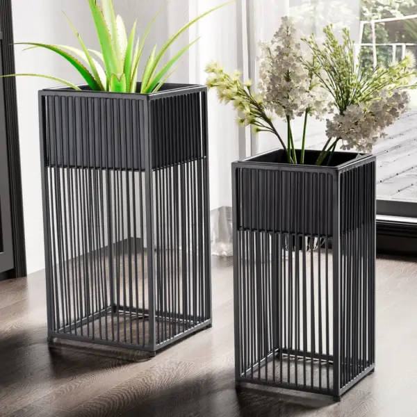 FineBuy Blumentopf 2er Set Metall Pflanzkübel Schwarz mit Gestell, Design Pflanzenkübel Quadratisch, Blumenkübel Pflanzgefäß Indoor