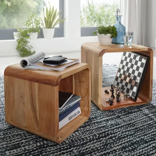 FineBuy 2er Set Satztisch Massivholz Design Couchtisch Akazie 2 Tische, Braun
