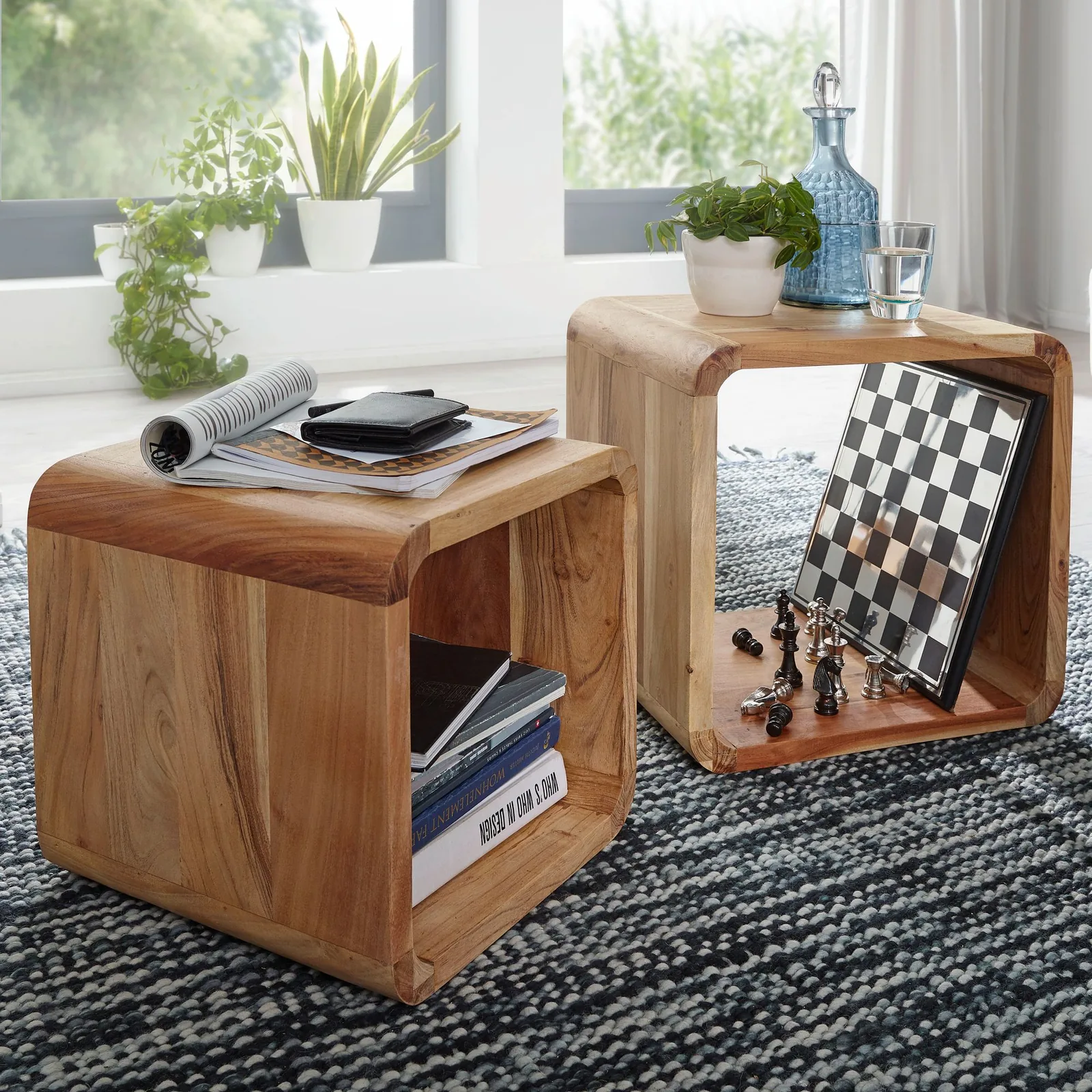 FineBuy 2er Set Satztisch Massivholz Design Couchtisch Akazie 2 Tische, Braun