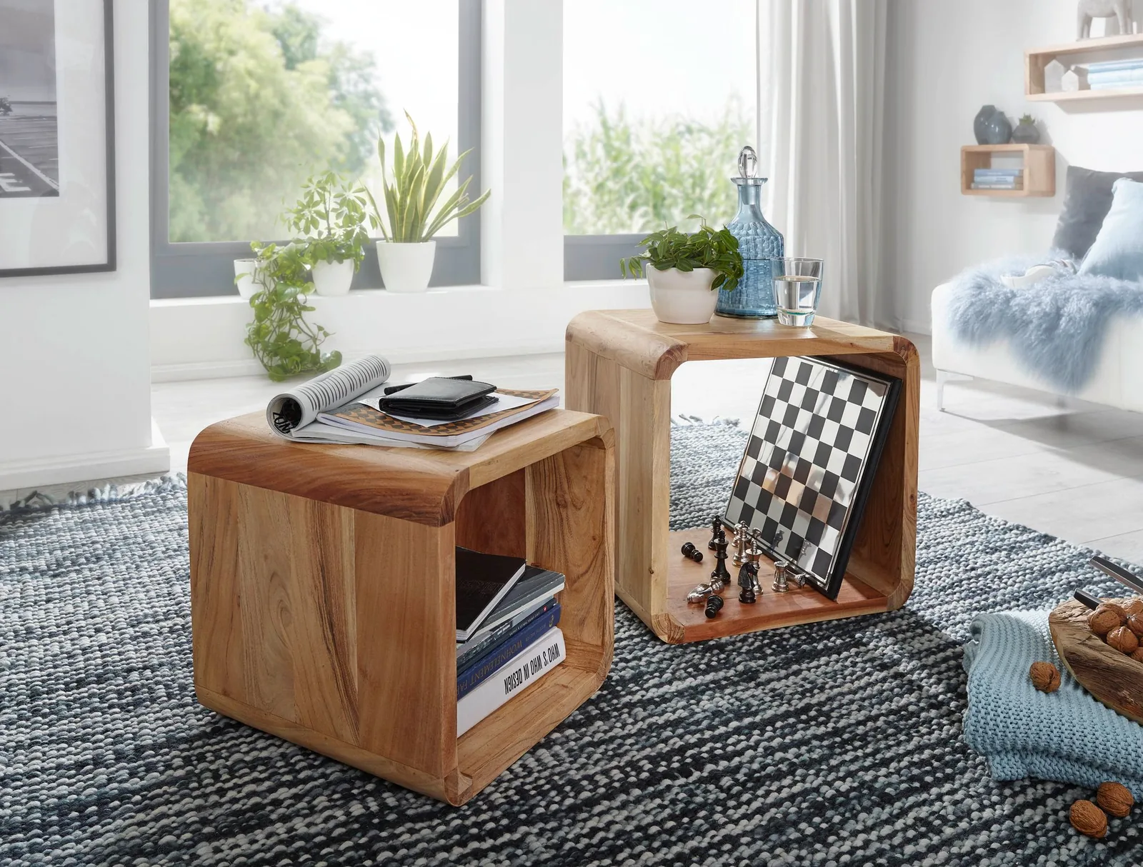 FineBuy 2er Set Satztisch Massivholz Design Couchtisch Akazie 2 Tische, Braun