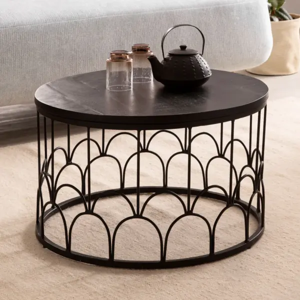 FineBuy Couchtisch Mango Massivholz rund Ø 60 cm Schwarz · Wohnzimmertisch mit Metallgestell · Handgefertigter Sofatisch im Art-Deco Industrial Design