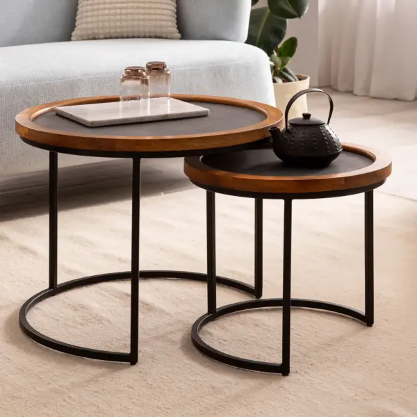 FineBuy Couchtisch 2er Set Mango Massivholz / Steinoptik Wohnzimmertisch Rund, Anthrazit