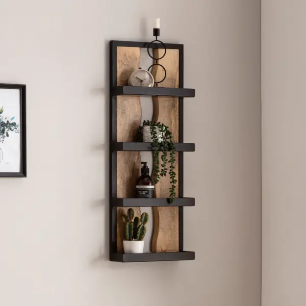 FineBuy Wandregal 30x80x10 cm Mango Massivholz / Metall Hängeregal Industrial, Design Schweberegal Rechteckig, Regal Hängend Wohnzimmer, Holzregal Wand mit 4 Ablagen & Wellenmuster