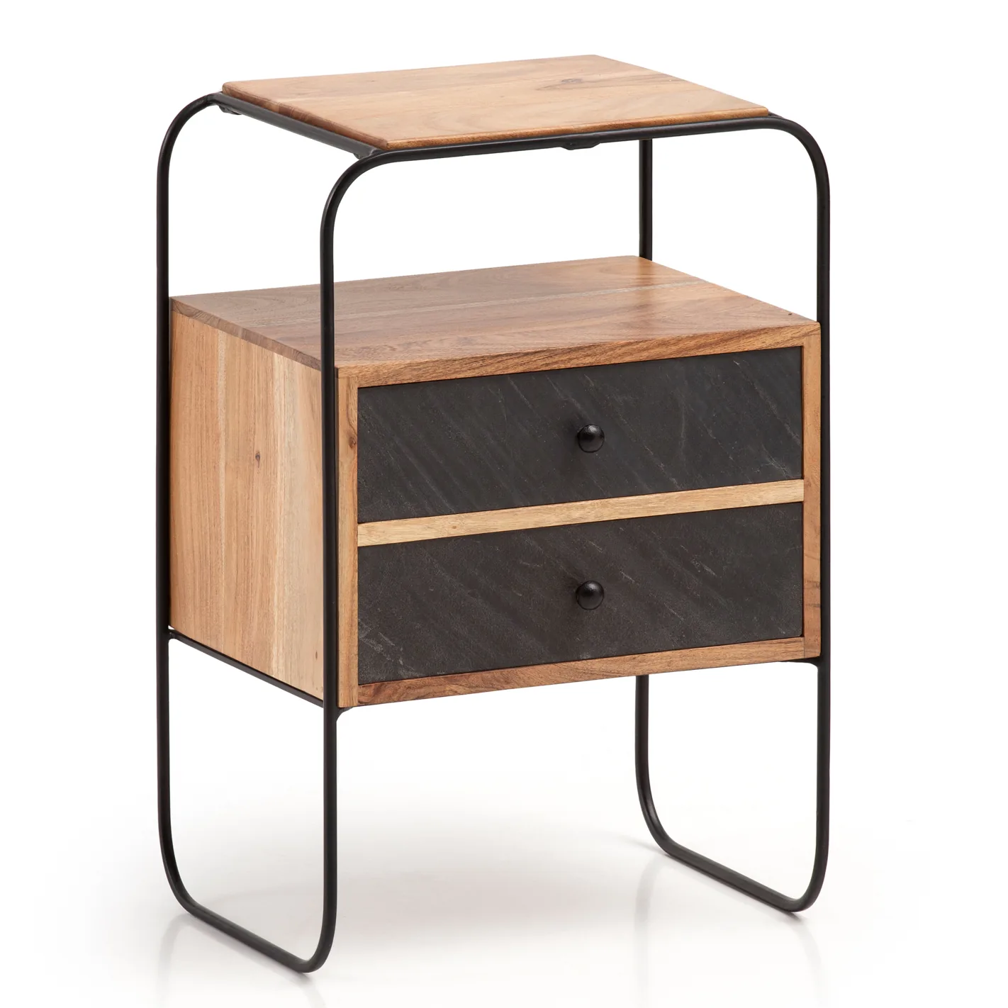 FineBuy Nachttisch Massivholz / Steinoptik, Braun – 40 × 60 × 30 cm