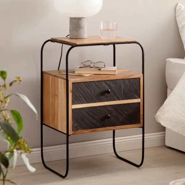 FineBuy Nachttisch Massivholz / Steinoptik, Braun – 40 × 60 × 30 cm