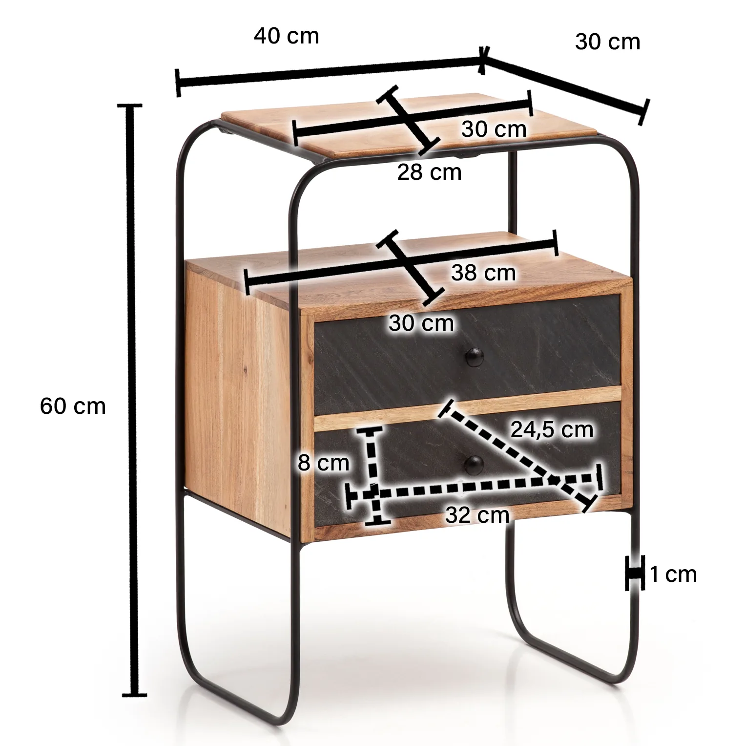 FineBuy Nachttisch Massivholz / Steinoptik, Braun – 40 × 60 × 30 cm