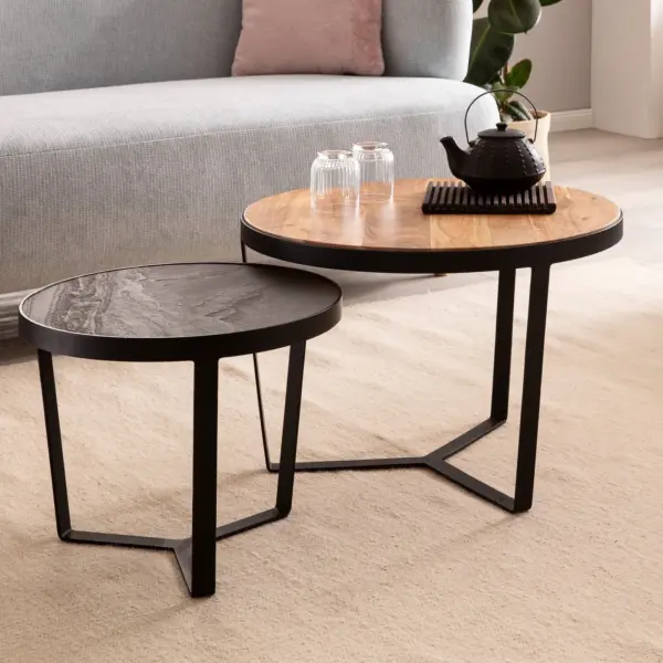 FineBuy Couchtisch 2er Set Akazie Massivholz / Steinoptik Wohnzimmertisch Rund, Braun