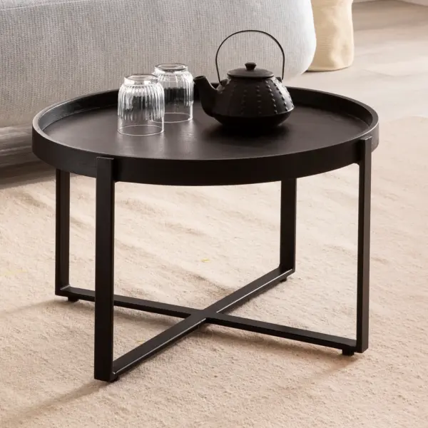 FineBuy Couchtisch Mango Massivholz rund Ø 60 cm Schwarz · Wohnzimmertisch mit Metallgestell · Handgefertigter Sofatisch im Industrial Japandi Design