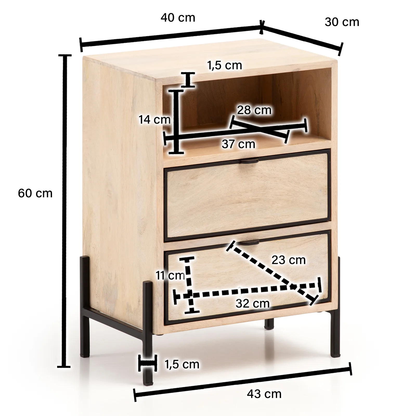 FineBuy Nachttisch, 43 × 60 × 30 cm – für Boxspringbetten