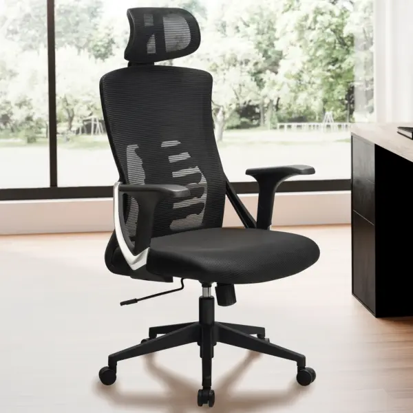 FineBuy Bürostuhl Schwarz Mesh-Bezug Schreibtischstuhl bis 120 kg mit Kopfstütze, Drehstuhl höhenverstellbar mit Lendenwirbelstütze, Stoff-Schreibtischsessel ergonomisch mit Wippfunktion FineBuy Bürostuhl Schwarz Mesh-Bezug Schreibtischstuhl bis 120 kg mit Kopfstütze, Drehstuhl höhenverstellbar mit Lendenwirbelstütze, Stoff-Schreibtischsessel ergonomisch mit Wippfunktion