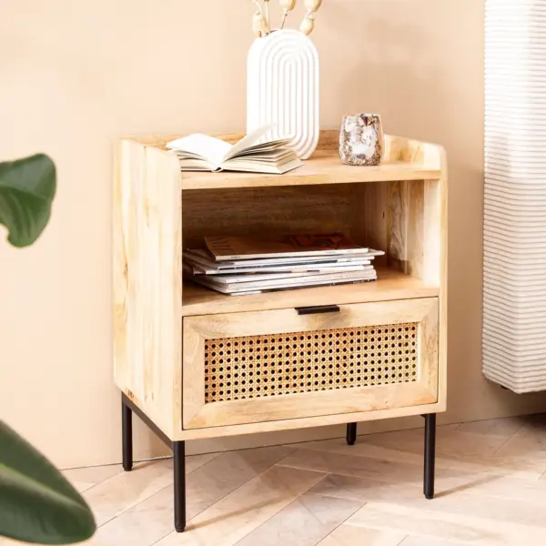 FineBuy Nachtkonsole Mango Massivholz Rattan, 50 × 60 × 40 cm – für Boxspringbetten